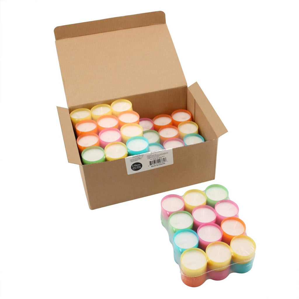 Open cardboard box with multicolor tea light candles, plus a small stacked set.