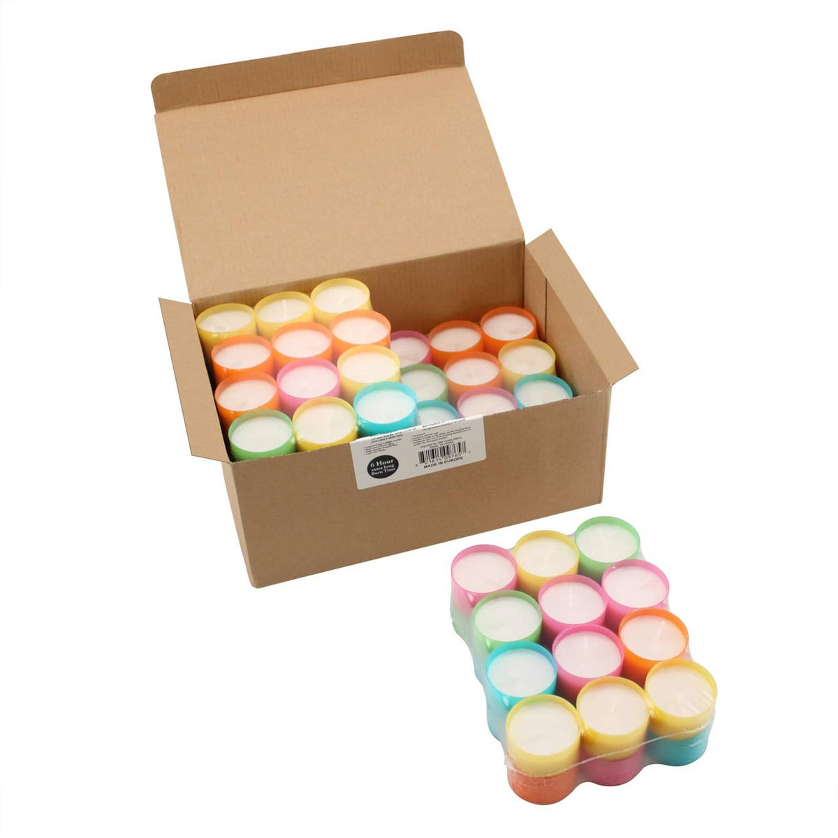 Open cardboard box with multicolor tea light candles, plus a small stacked set.