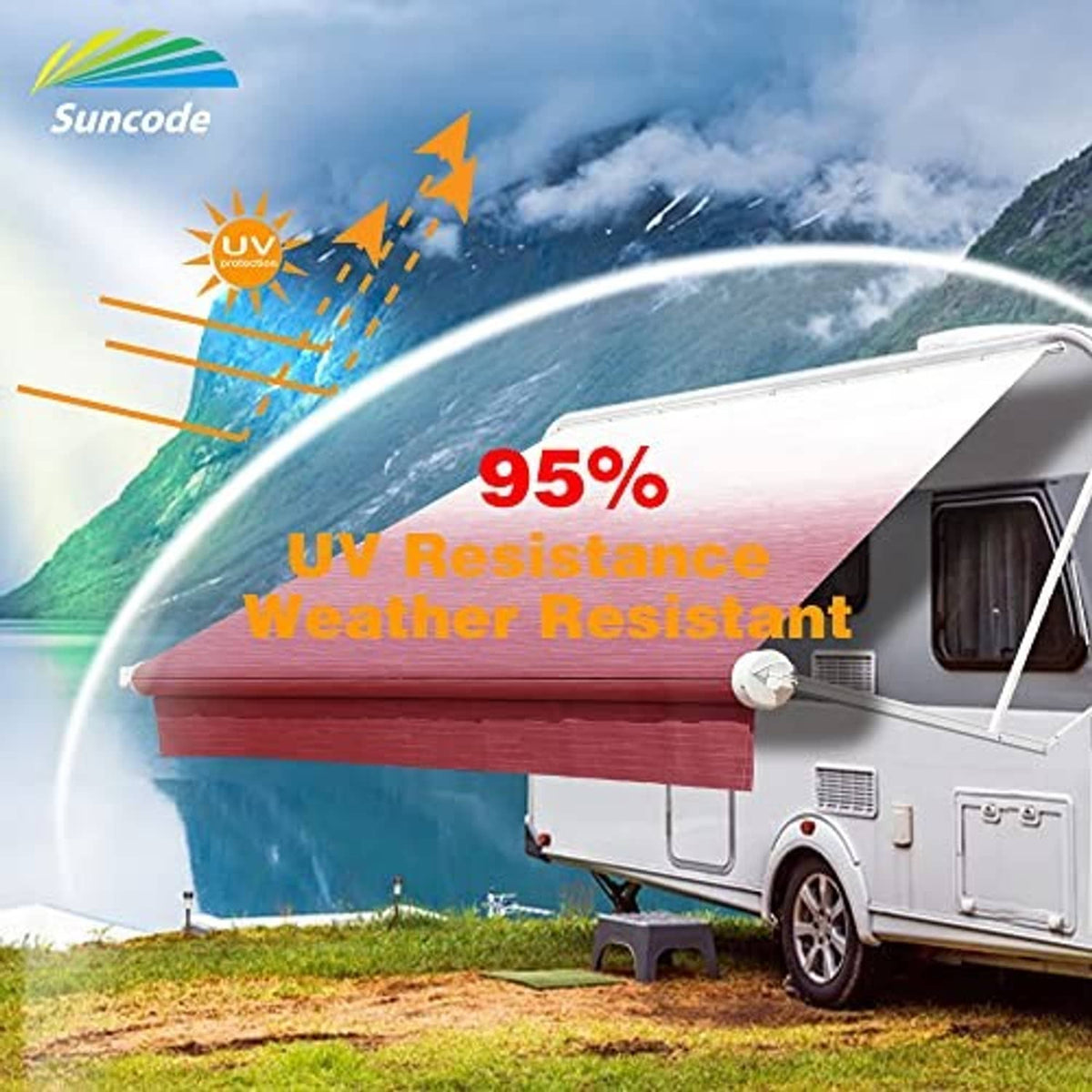 Maroon RV awning canopy over white caravan with weather-protection graphic