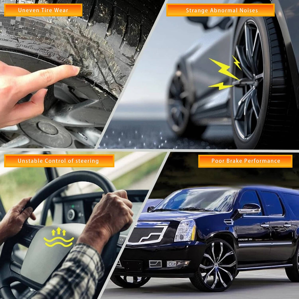 Control arm wear and noise warning collage for steering and brake performance