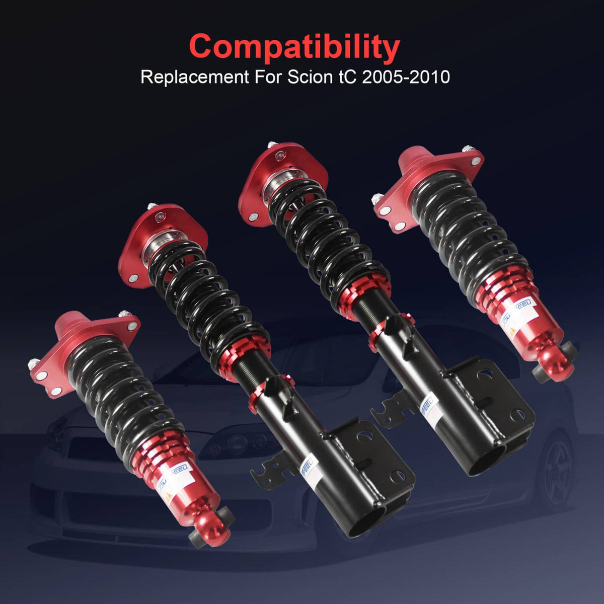 Red coilover strut set showing four units with black shock bodies and silver springs