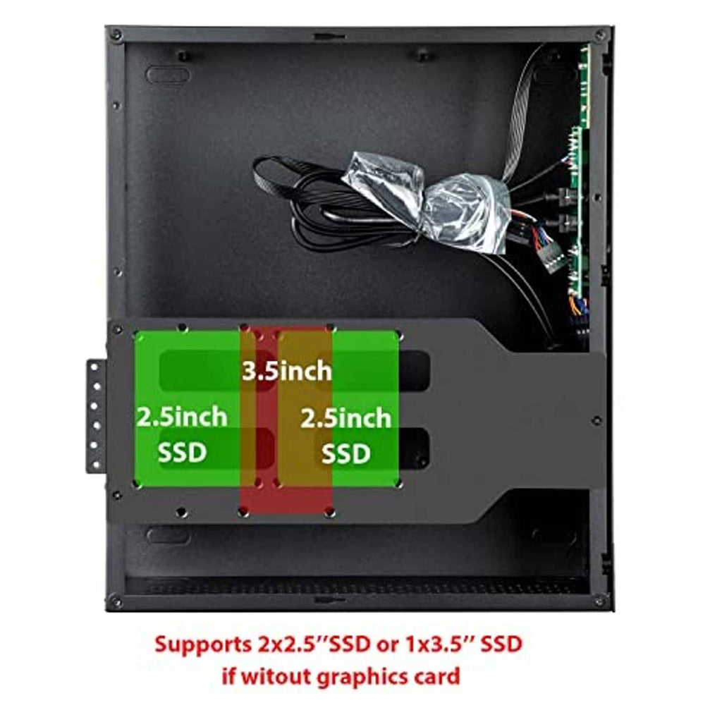 Black open-frame mini PC case interior with drive bays and bundled wiring