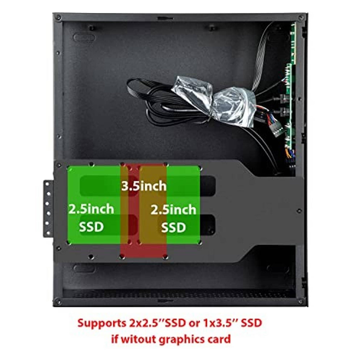 Black open-frame mini PC case interior with drive bays and bundled wiring