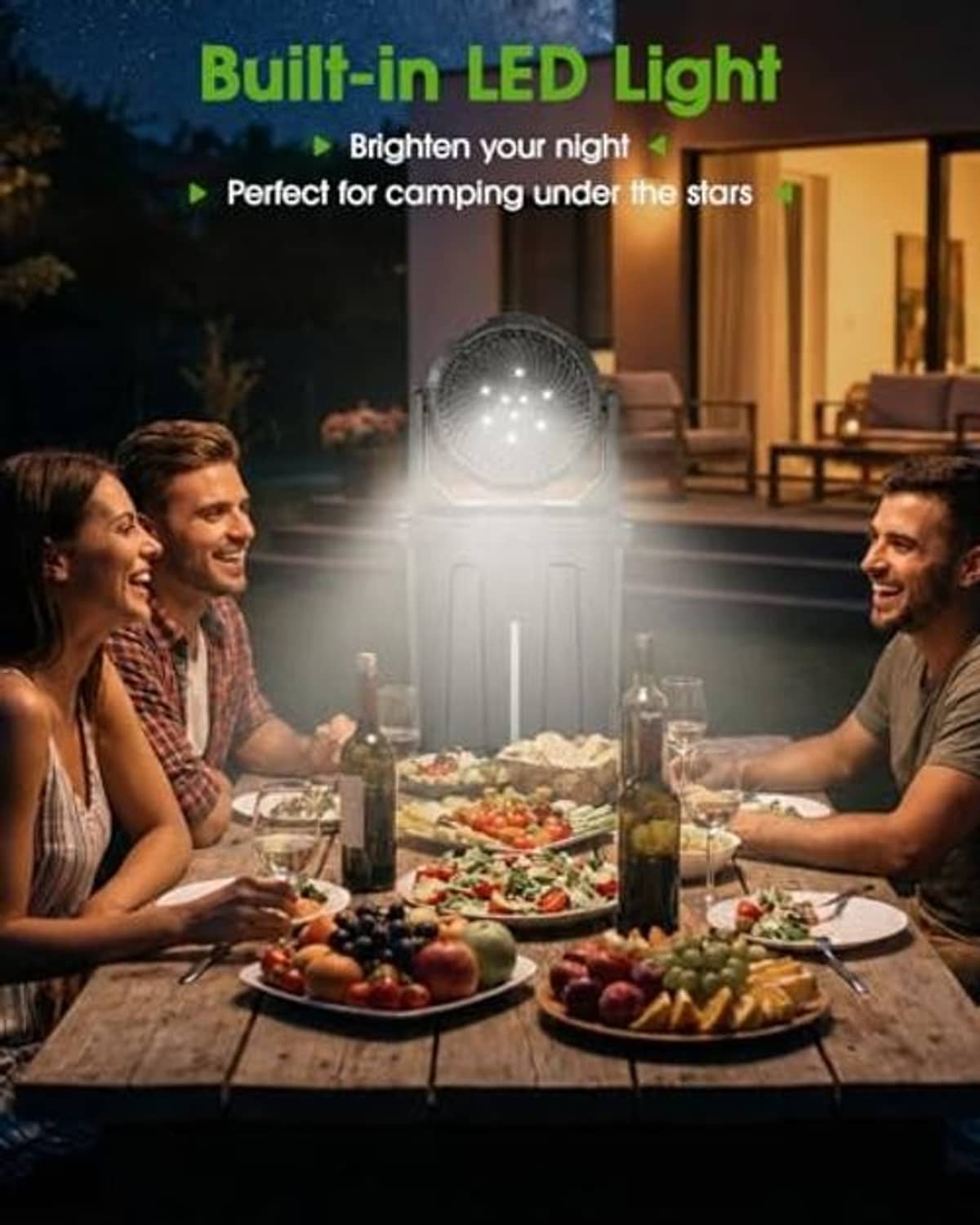 Black misting fan with built-in LED light, glowing grille for night use