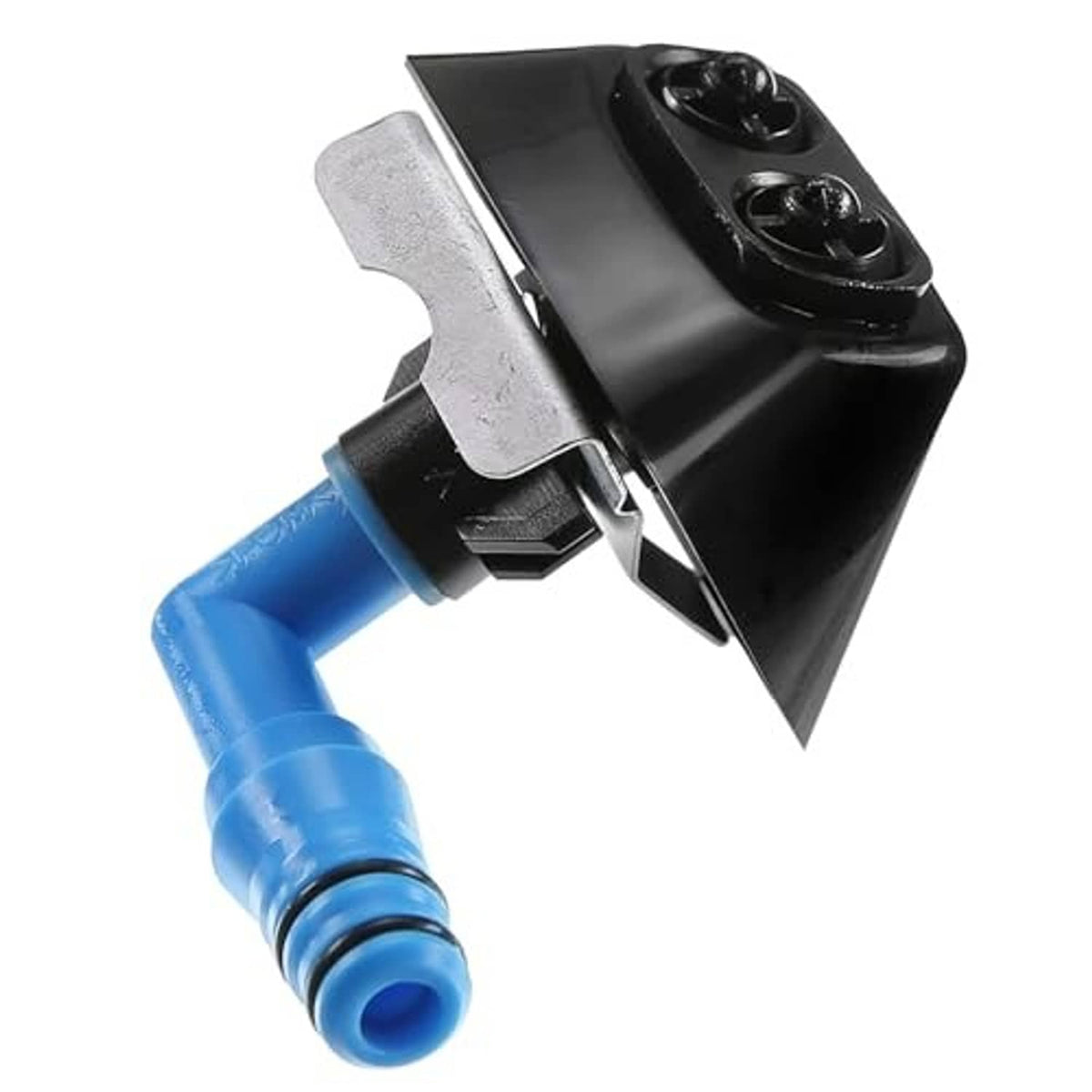 Black headlight washer nozzle jet with blue hose and metal clip bracket