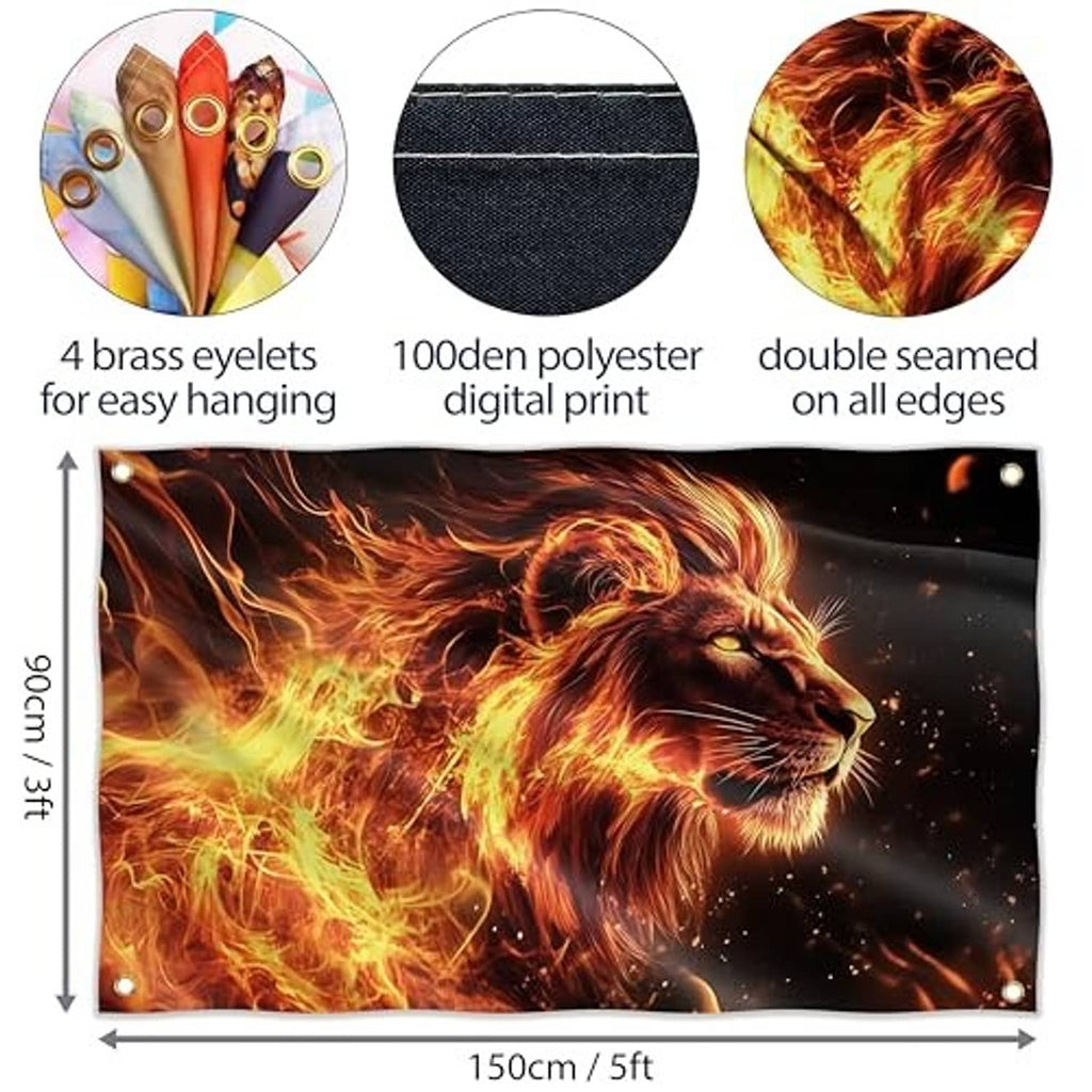 Lion flame polyester flag with 4 brass eyelets, 150x90cm, double stitched on all edges