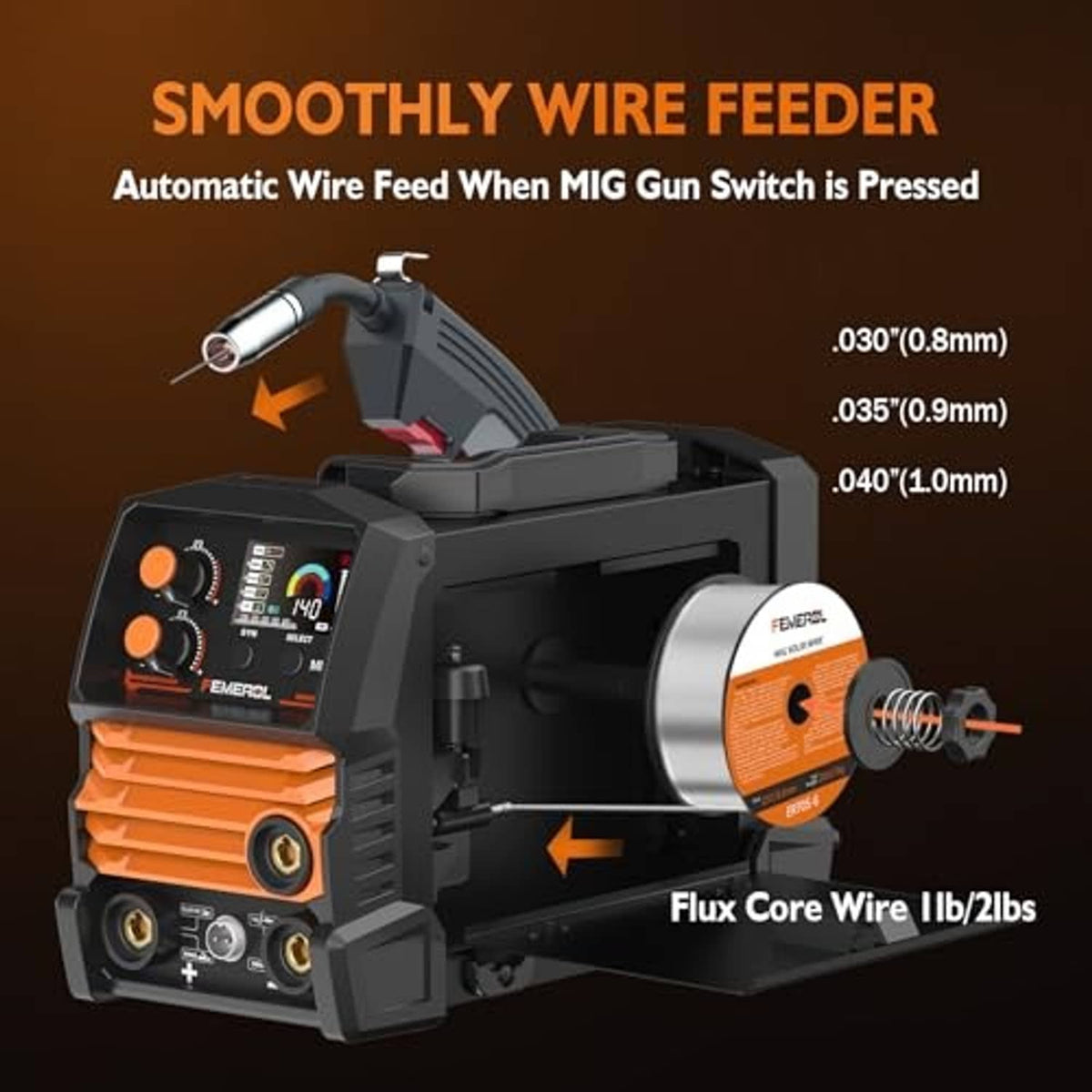 Welding machine wire feeder with flux core spool, front orange housing and control panel