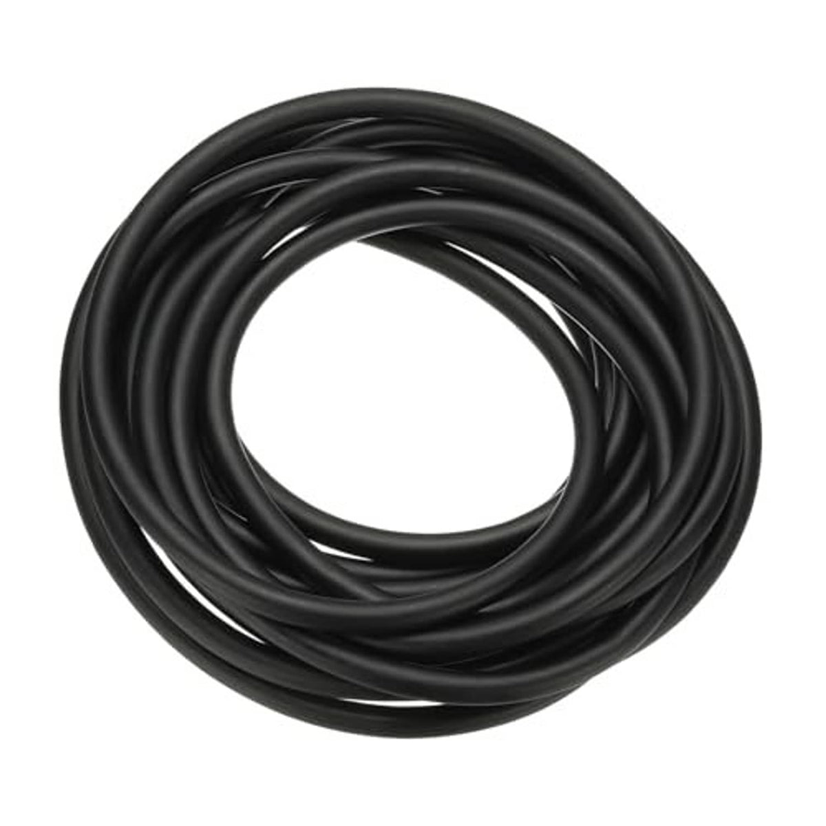 Black rubber tubing coil, thick round latex hose looped, smooth surface