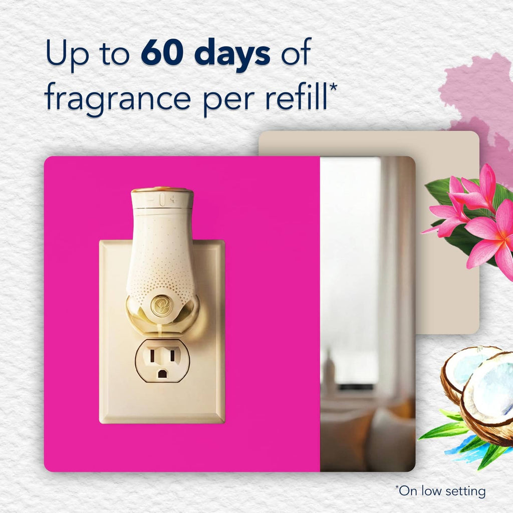 Plug-in refill shown in wall outlet, 'up to 60 days' claim panel