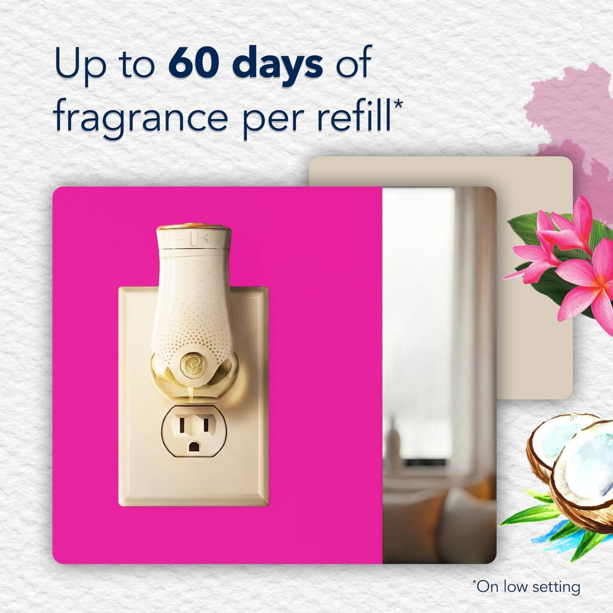 Plug-in refill shown in wall outlet, 'up to 60 days' claim panel