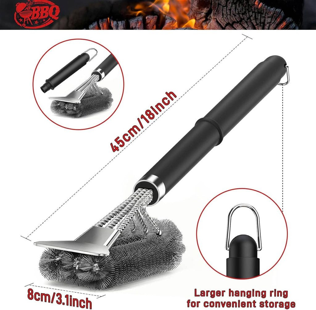 Black BBQ grill brush with wire bristles, scraper head, and hanging loop on handle
