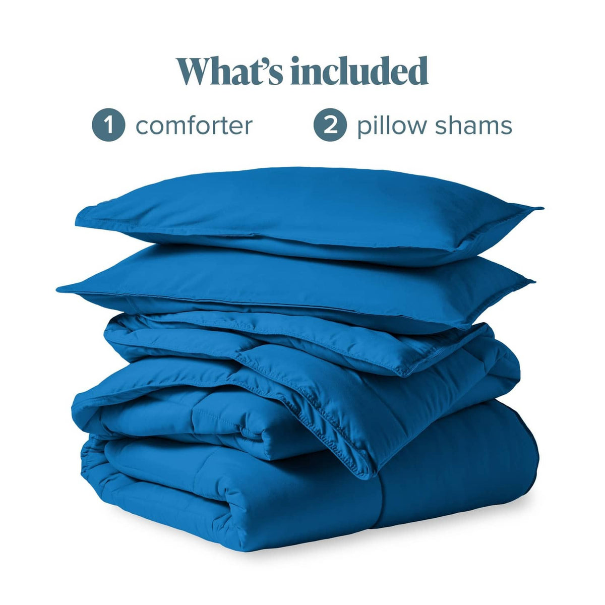 Blue comforter and pillow shams set, neatly stacked bedding pieces