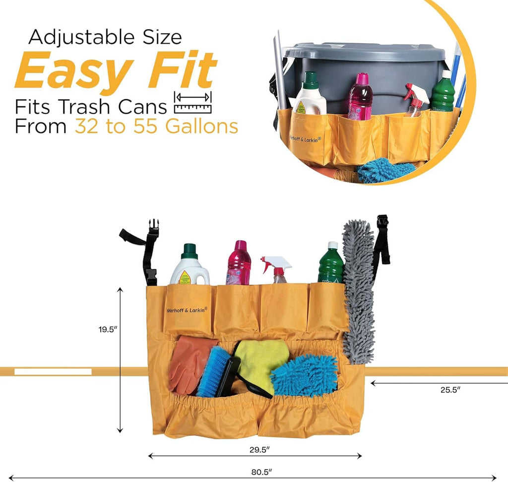 Yellow trash can caddy bag showing easy fit for 32 to 55 gallon bins with tools