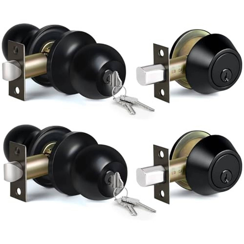 Matte black keyed-alike exterior door knob and deadbolt with strike plates and key cylinder