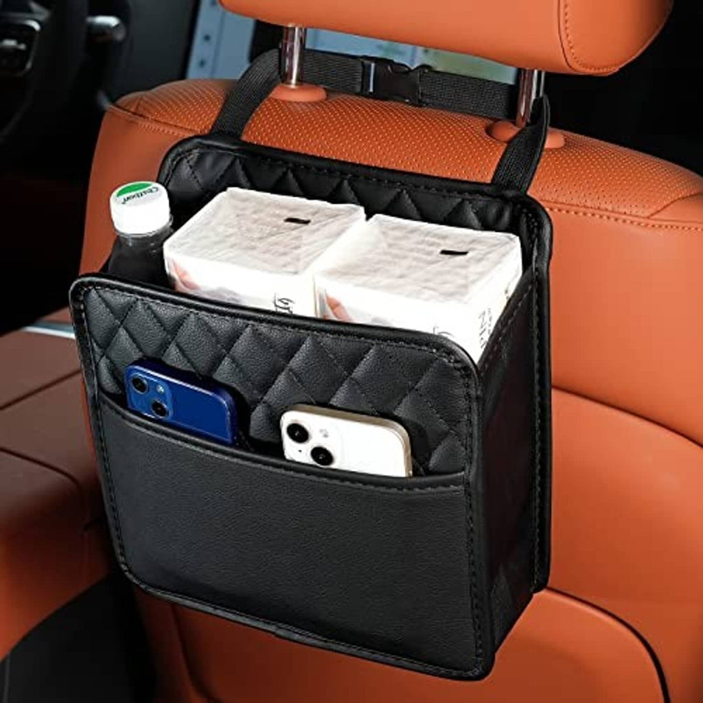 Car seat hanging organizer bag, black quilted texture with phone and card front pockets