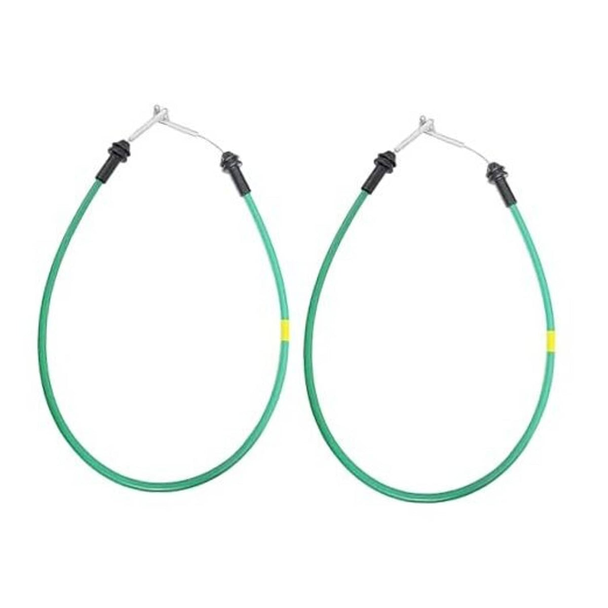 Set of 2 green door handle release cables with metal mounting clips and black ends.