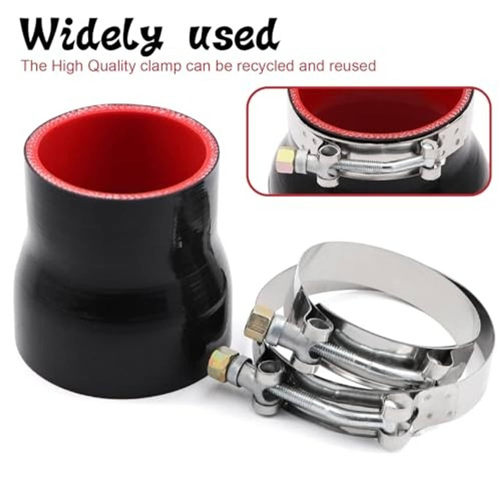 Black silicone reducer coupler with red inner opening and stainless T-bolt clamp assembly