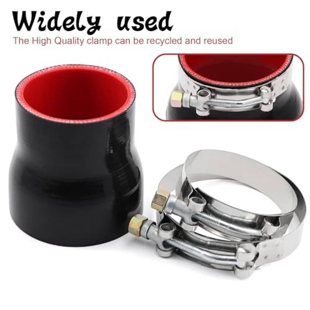 Black silicone reducer coupler with red inner opening and stainless T-bolt clamp assembly