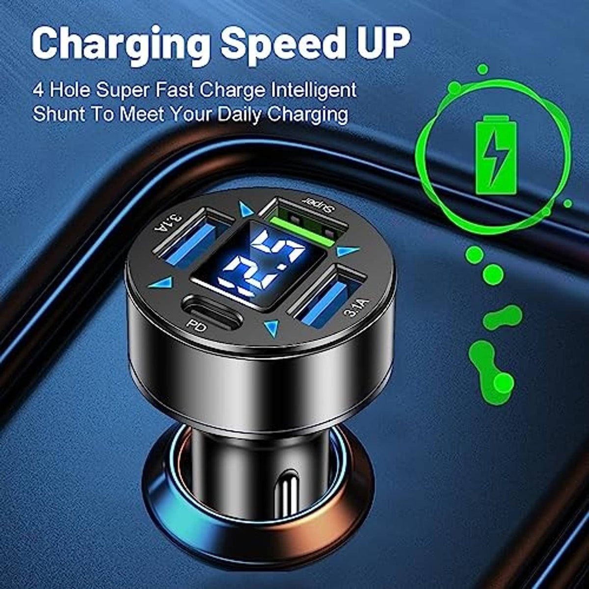 Car charger with LED voltmeter display and metallic finish, close-up on top ports