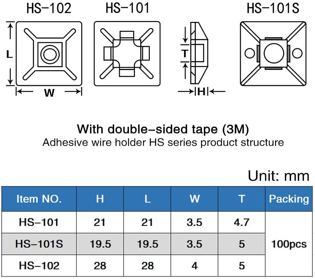 Adhesive wire holder mount specs HS-102/HS-101/HS-101S, unit mm, 100 pcs