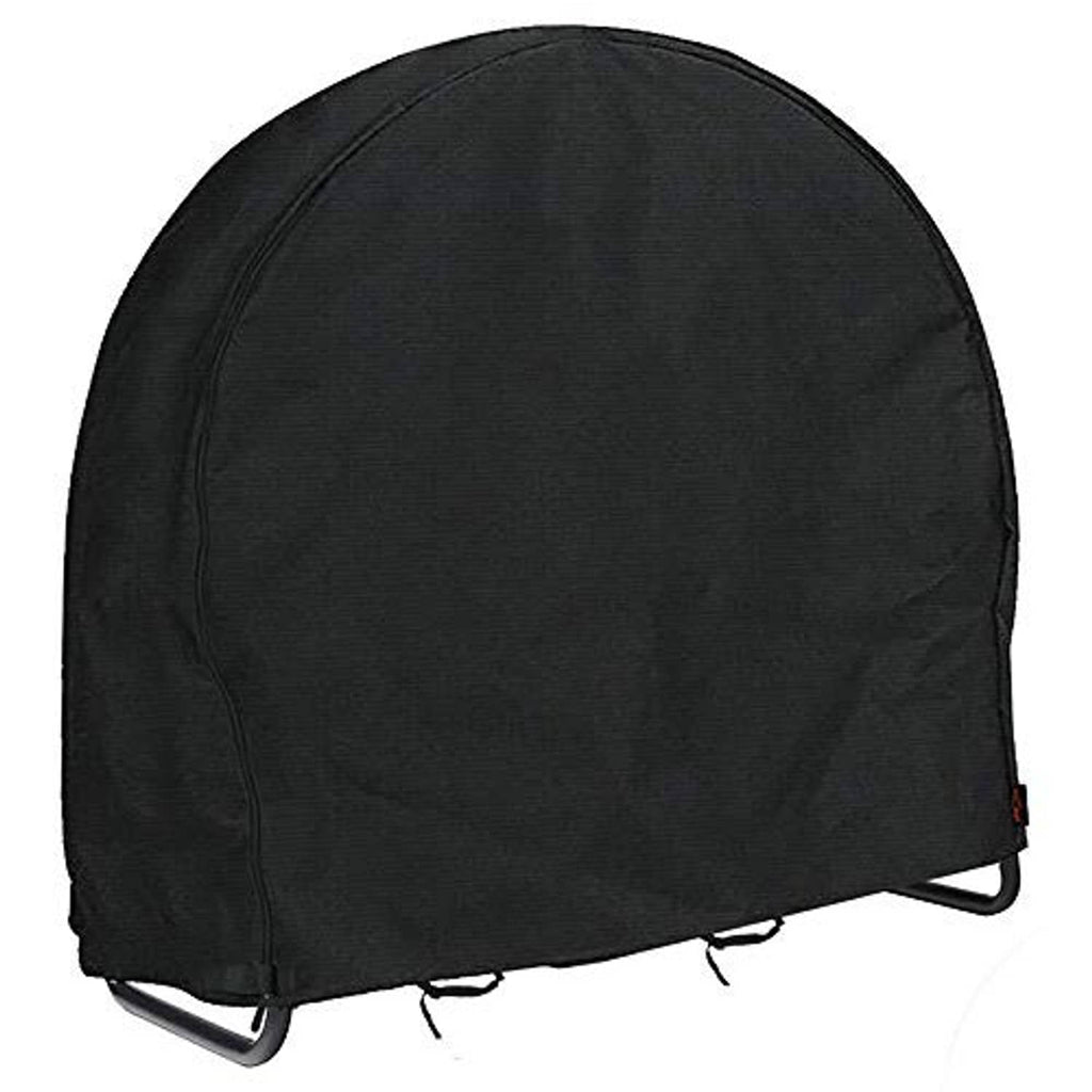 Black dome-shaped firewood log rack cover with front panel and bottom support straps