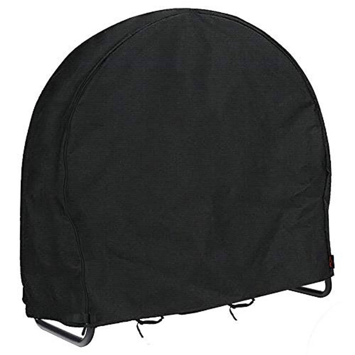 Black dome-shaped firewood log rack cover with front panel and bottom support straps