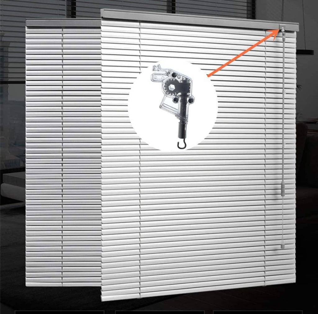 Blind wand tilter installed on white horizontal blinds, metal tilting mechanism with hook