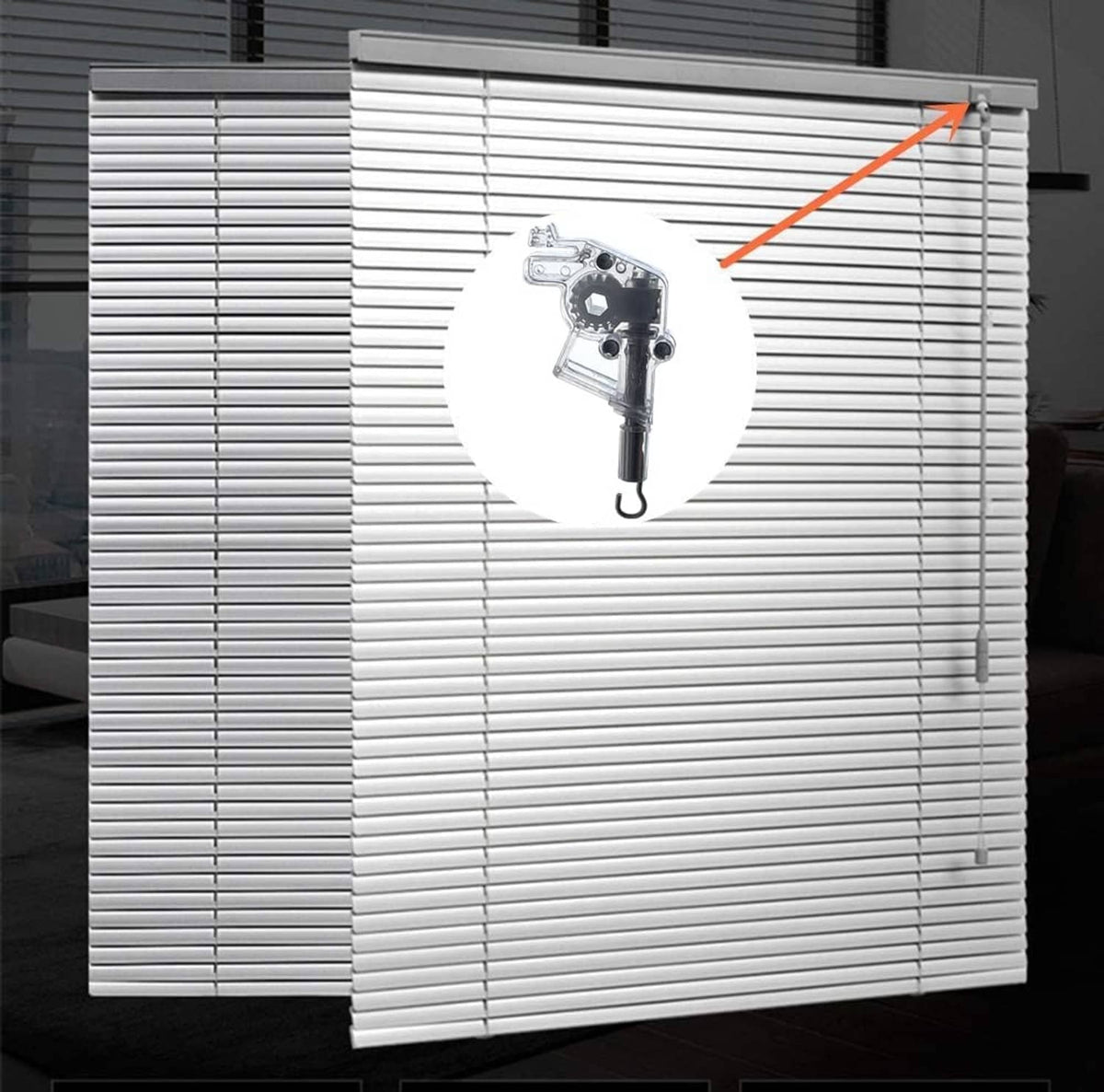Blind wand tilter installed on white horizontal blinds, metal tilting mechanism with hook