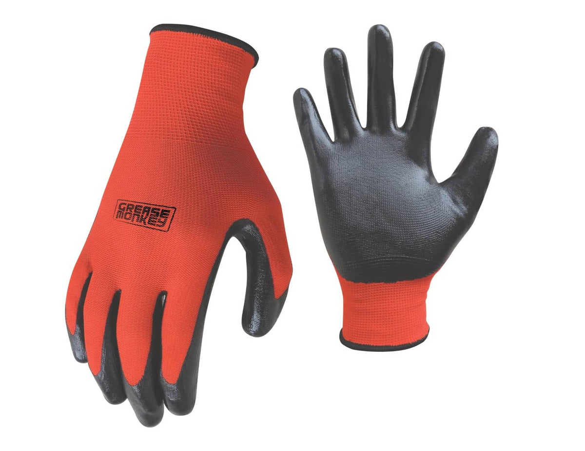 Nitrile-coated work gloves, orange knit with black palms, two gloves shown