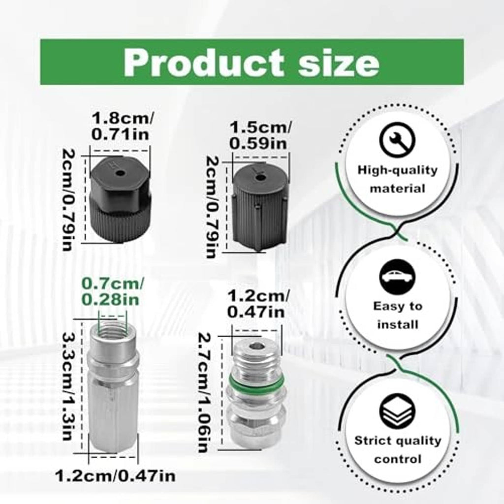Air conditioning valve core pieces with black caps and threaded metal fittings, size chart