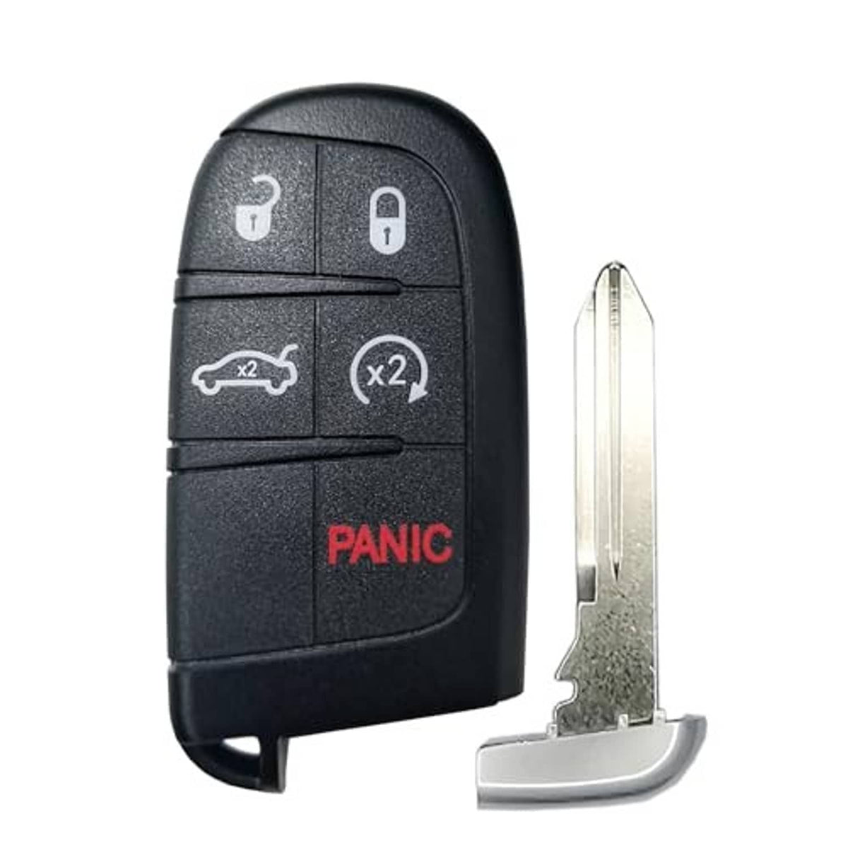 Black key fob with red PANIC and included metal key blade