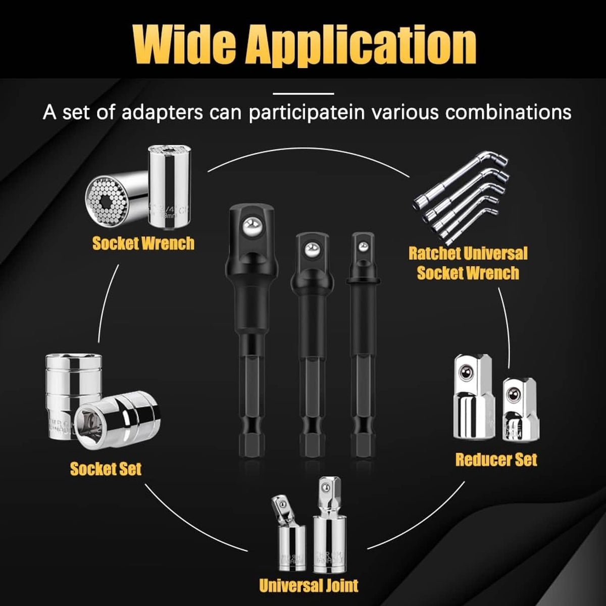 Black impact socket reducer and adapter set for socket wrench, ratchet, and universal joints