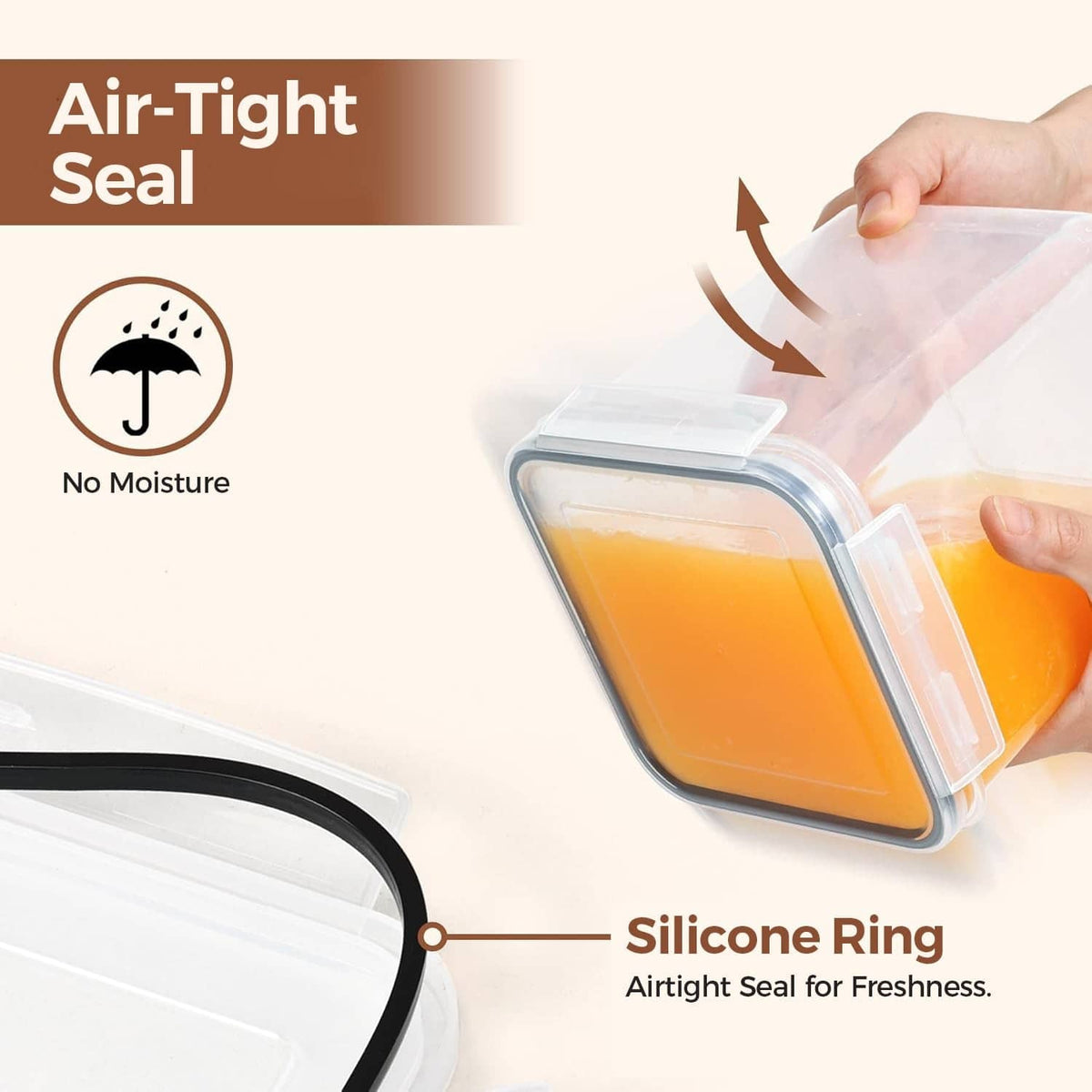 Square airtight food container with silicone seal ring and snap lid, transparent