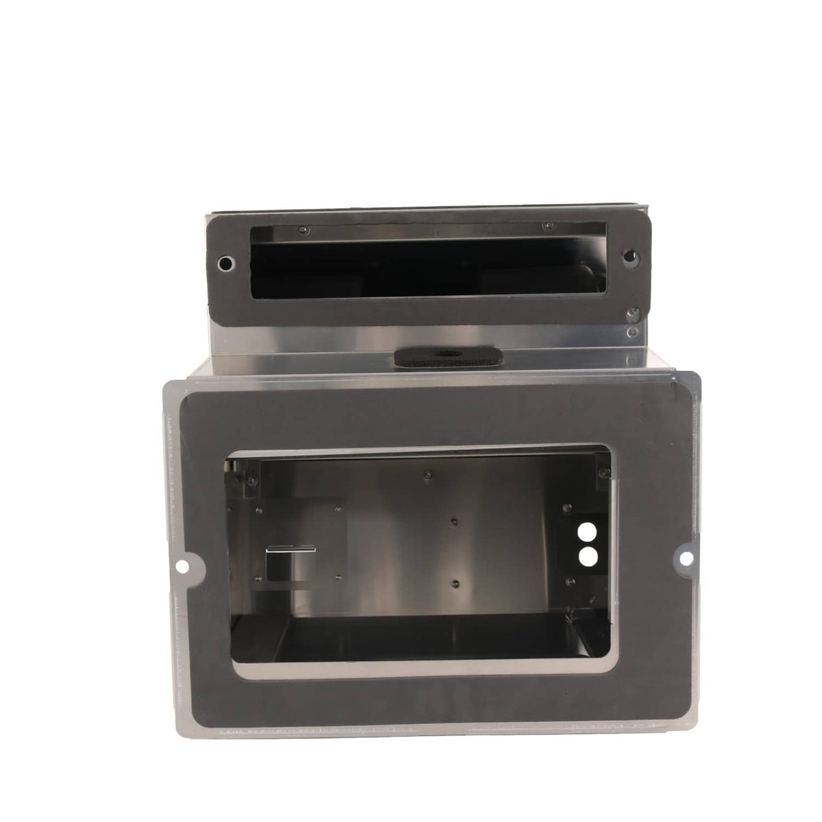 Aluminum heater AC box housing with front opening and latch-style slot