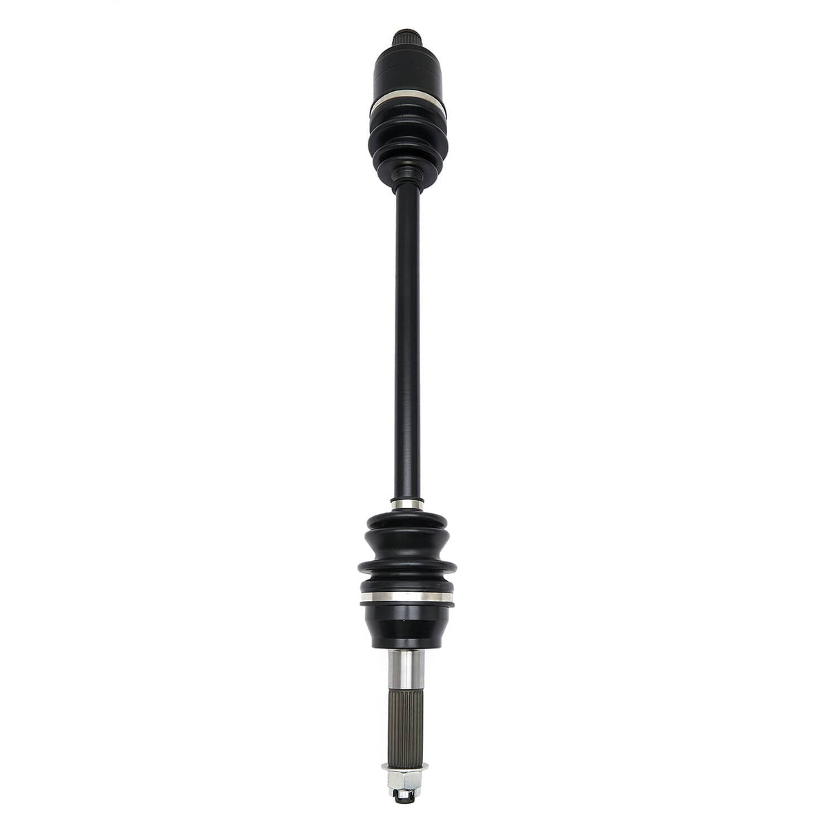 Rear CV axle drive shaft end view with black boot and silver splined fitting