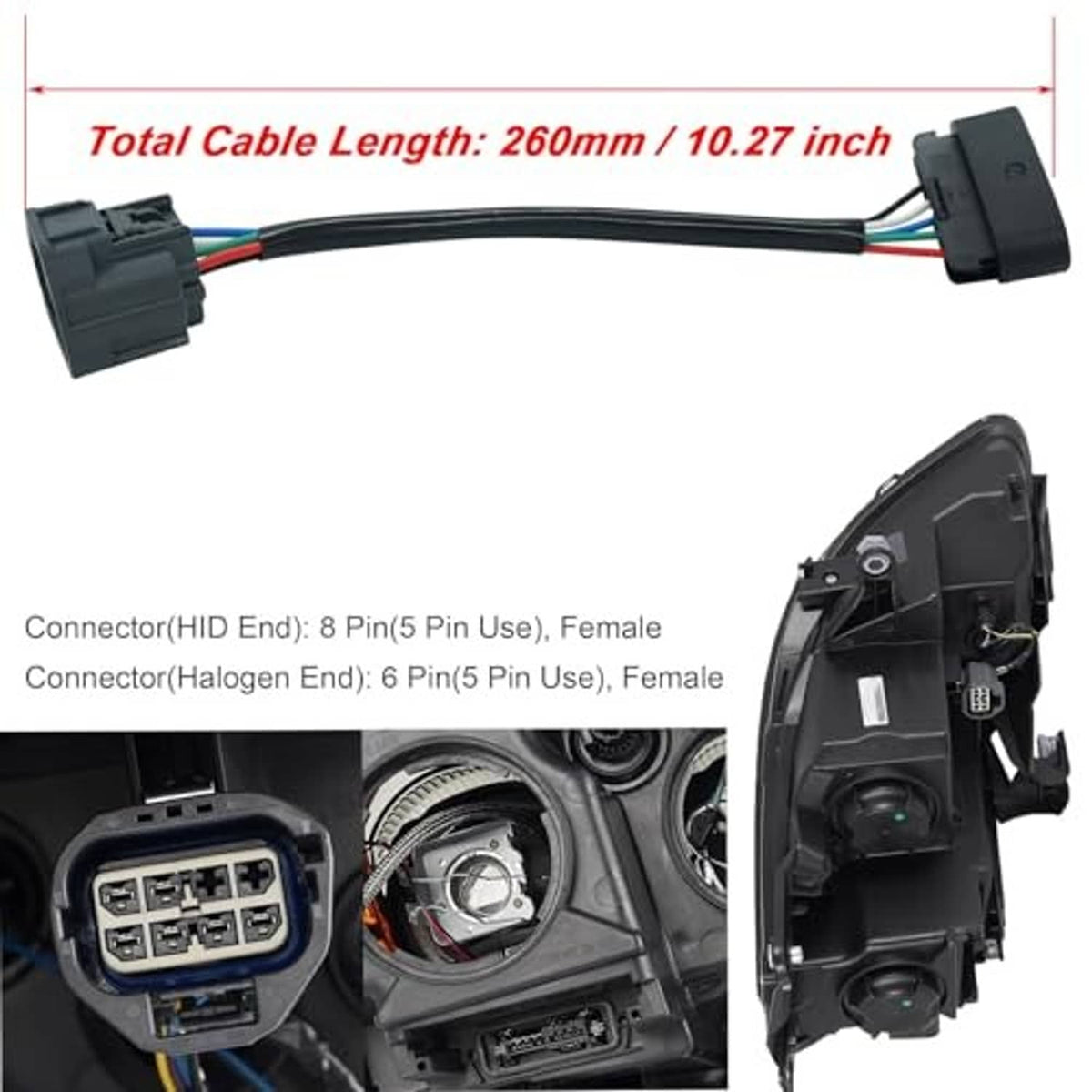 Headlight adapter wiring harness cable set with 8-pin and 6-pin female connector ends