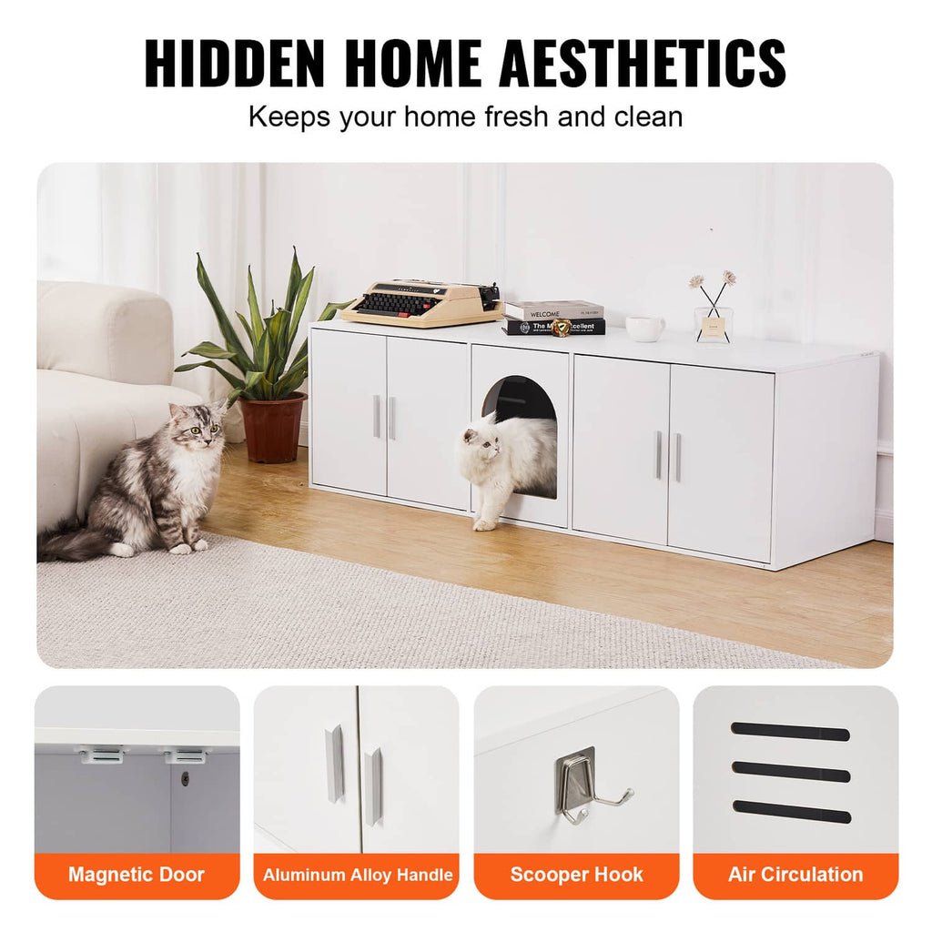 White cat litter box enclosure with arched opening and labeled feature icons at the bottom
