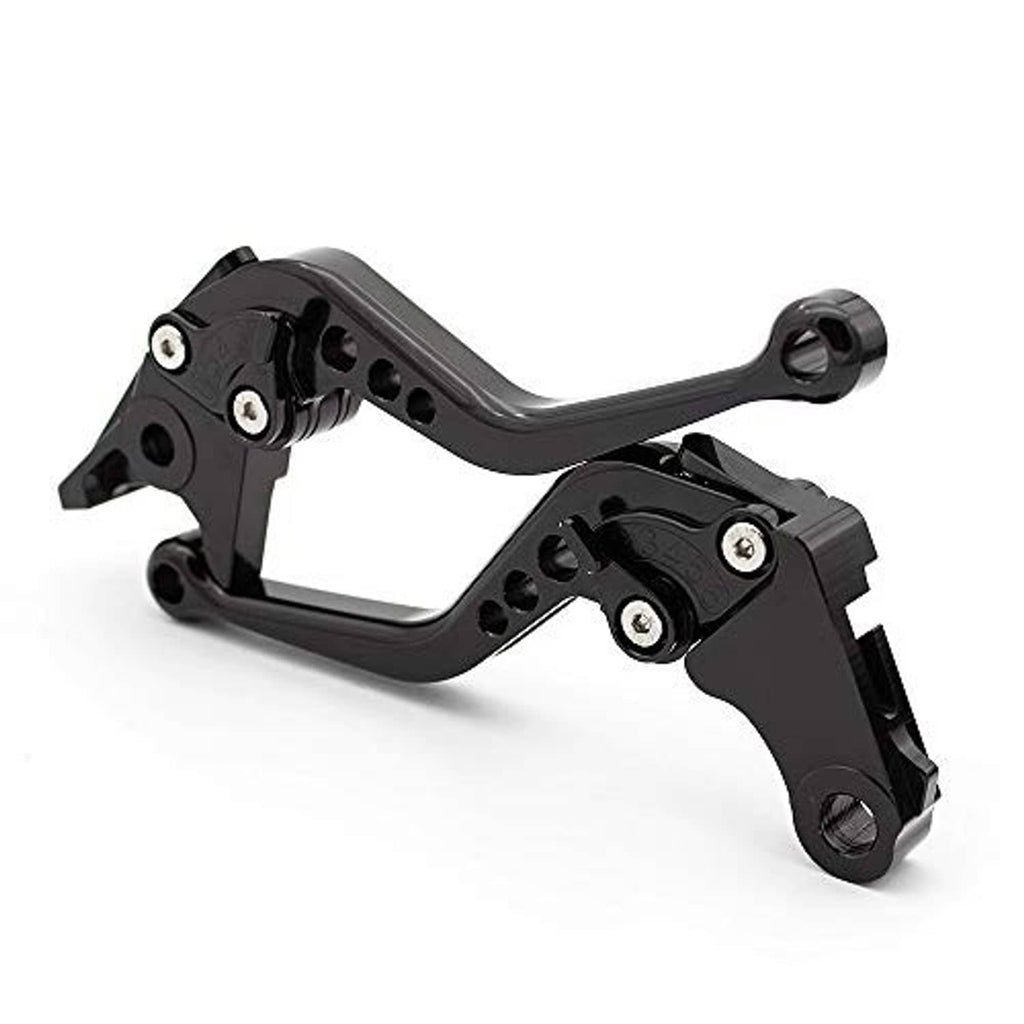 Black CNC short brake and clutch levers with curved arms and pivot hardware