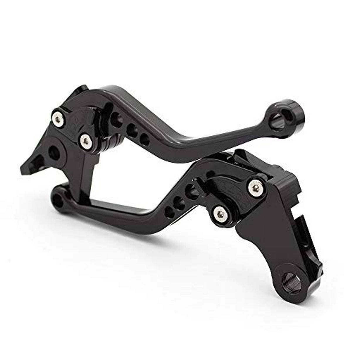 Black CNC short brake and clutch levers with curved arms and pivot hardware