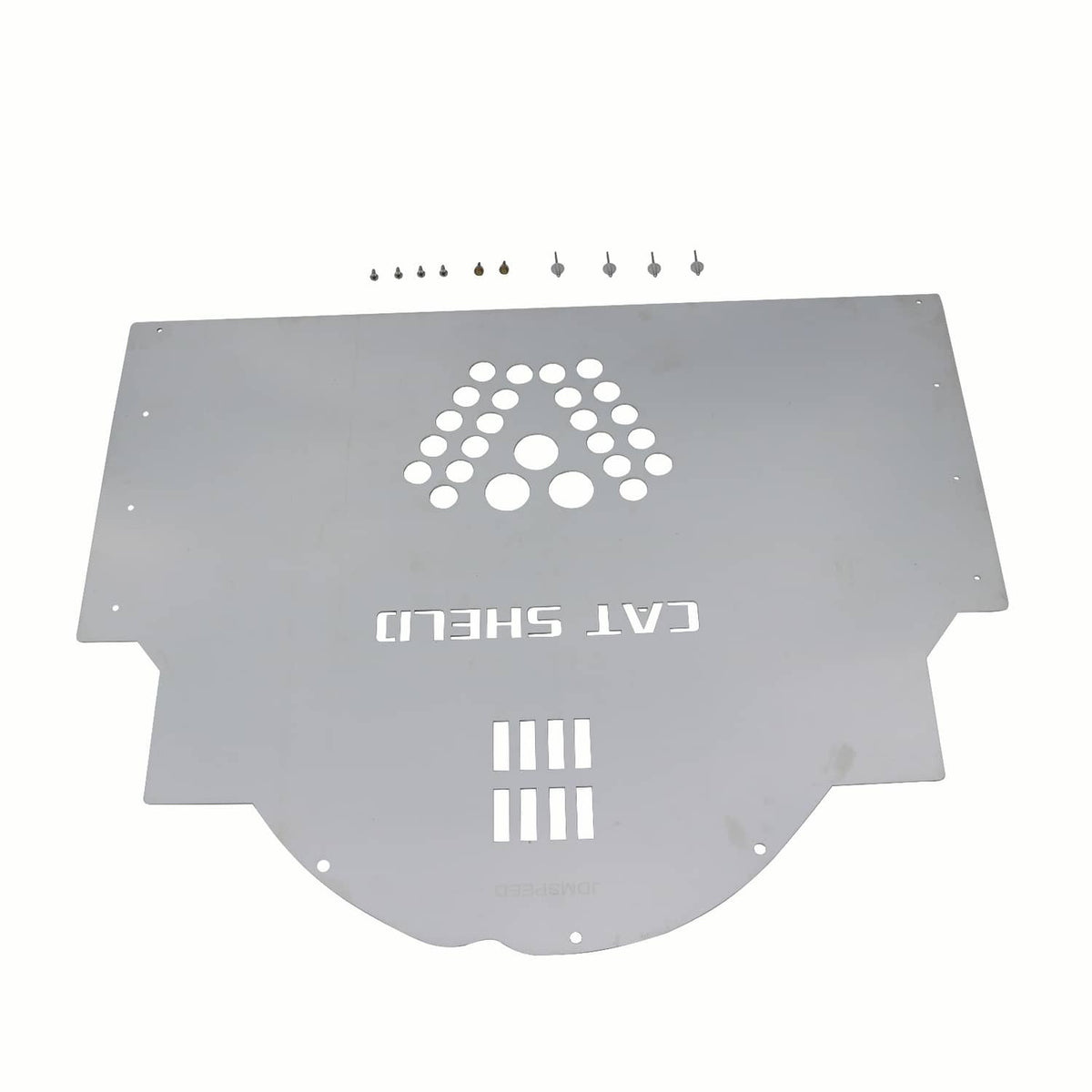Catalytic converter cat shield plate with perforated emblem and mounting points