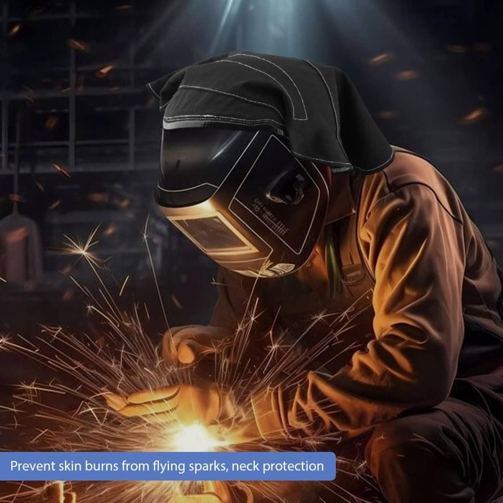 Black welding helmet cover with extended neck flap on helmet during welding