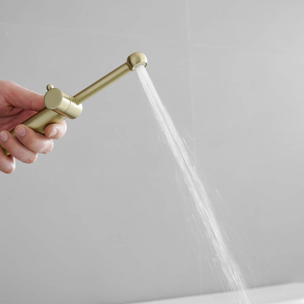 Gold bidet sprayer handheld shower head spraying a steady water stream
