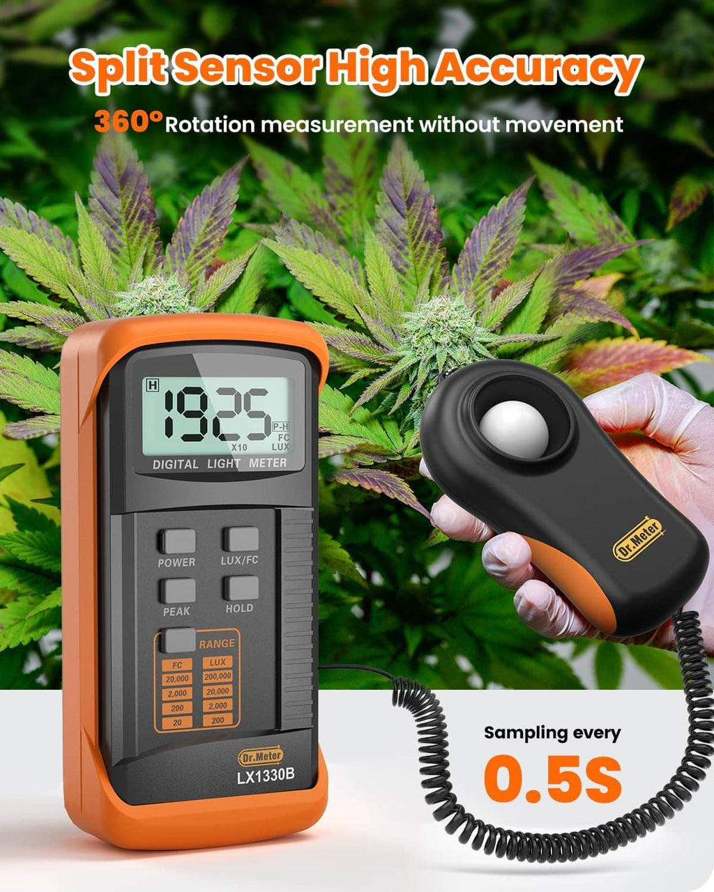 Digital illuminance light meter with split sensor probe, handheld design