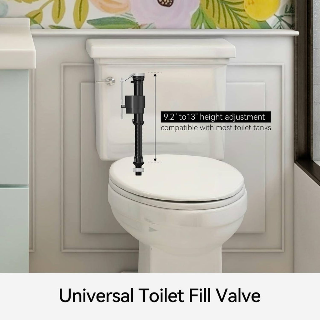 Universal toilet fill valve installed on a white toilet tank outlet