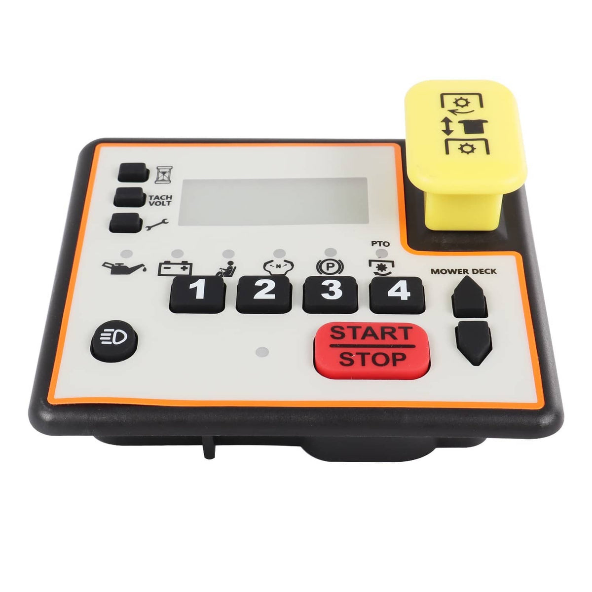 Mower control panel keypad with LCD window, numbered keys 1-4, red START/STOP button