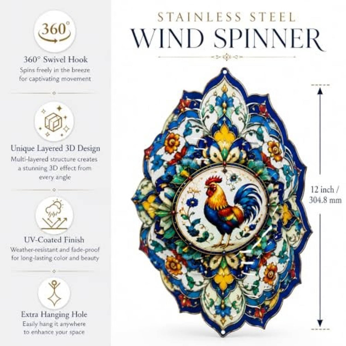 Wind spinner mandala with blue rooster centerpiece and hanging chain, stainless steel