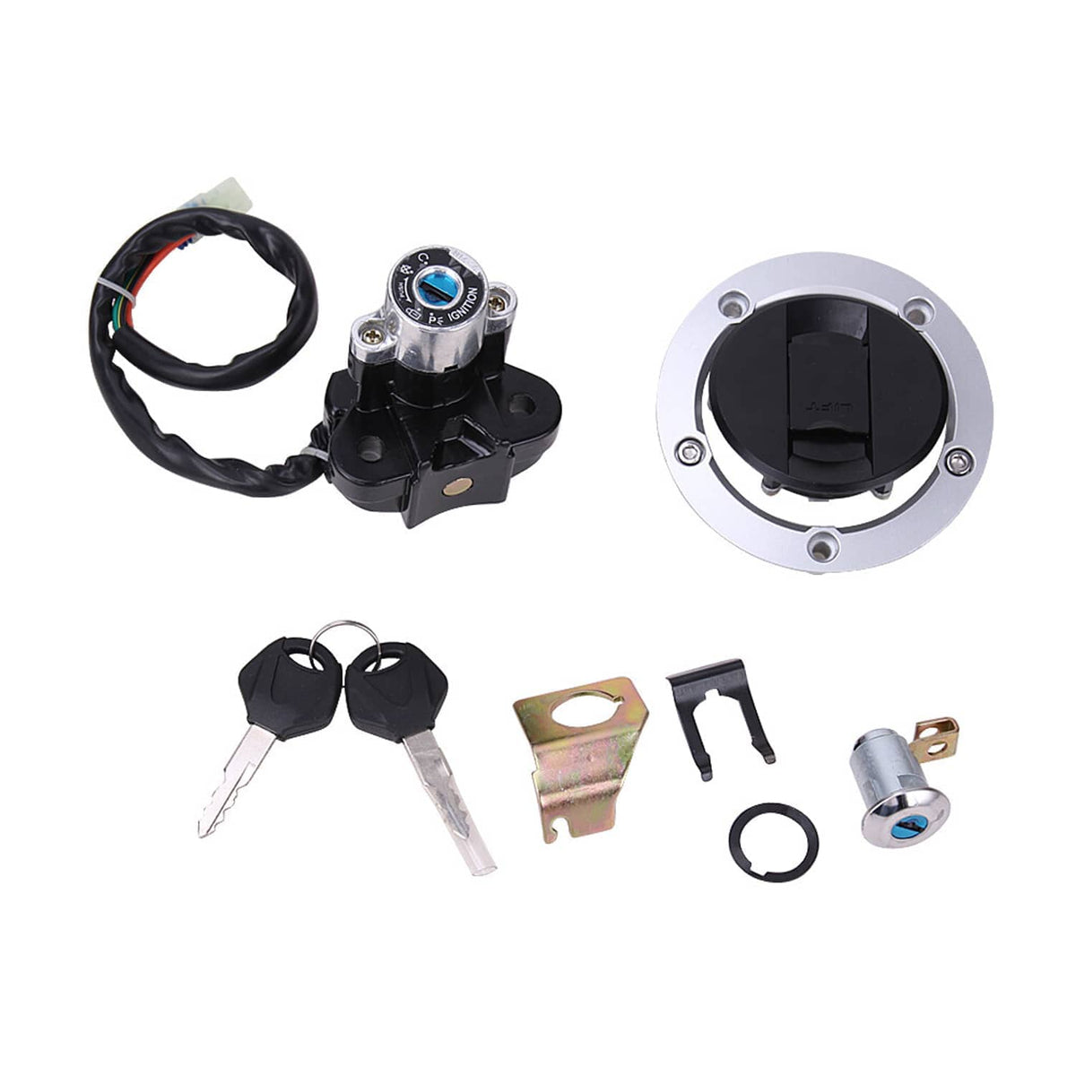Fuel tank cap lock kit with keys, mounting bracket, rubber seal, and ignition cylinder