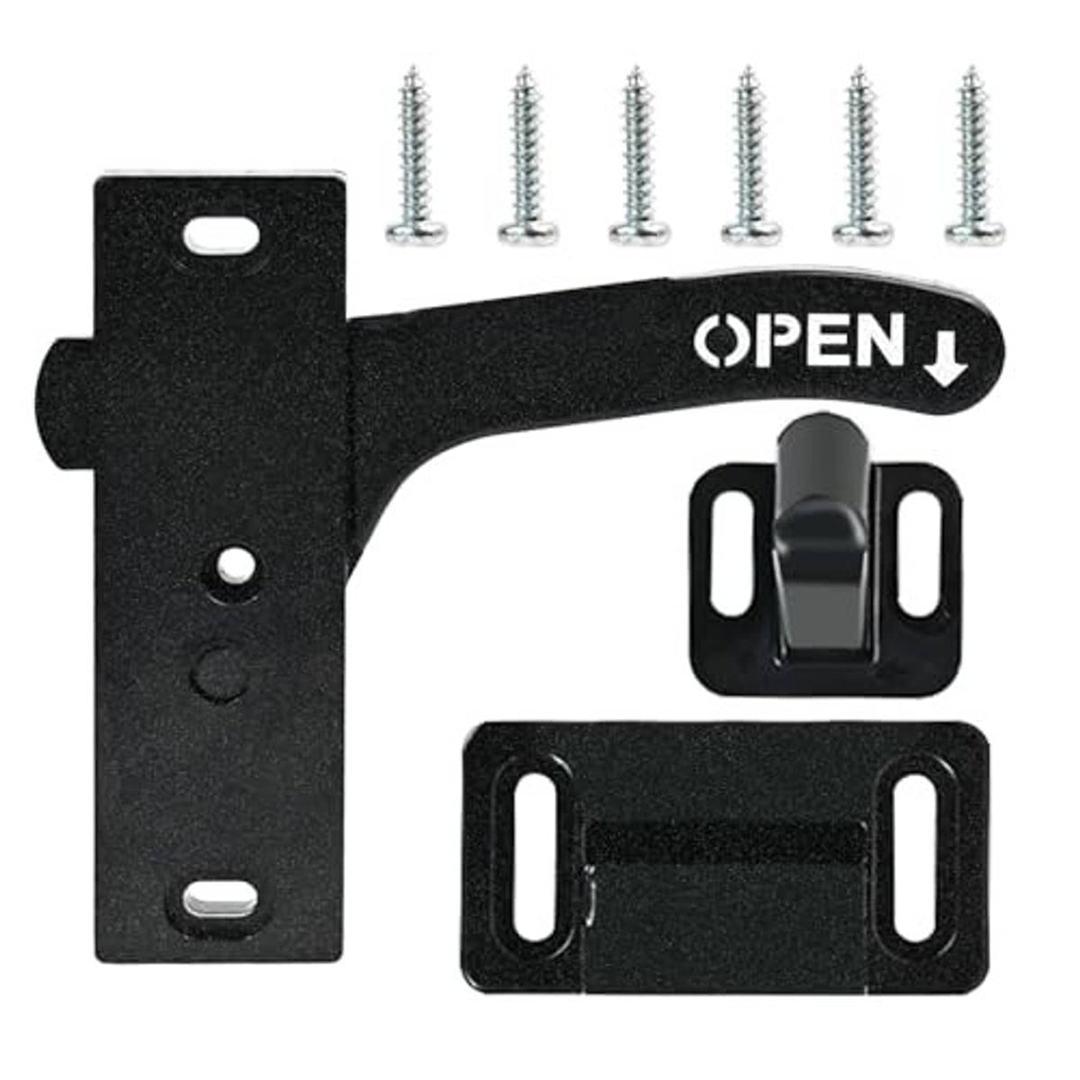Black latch handle kit with open lever, base plate, and mounting screws