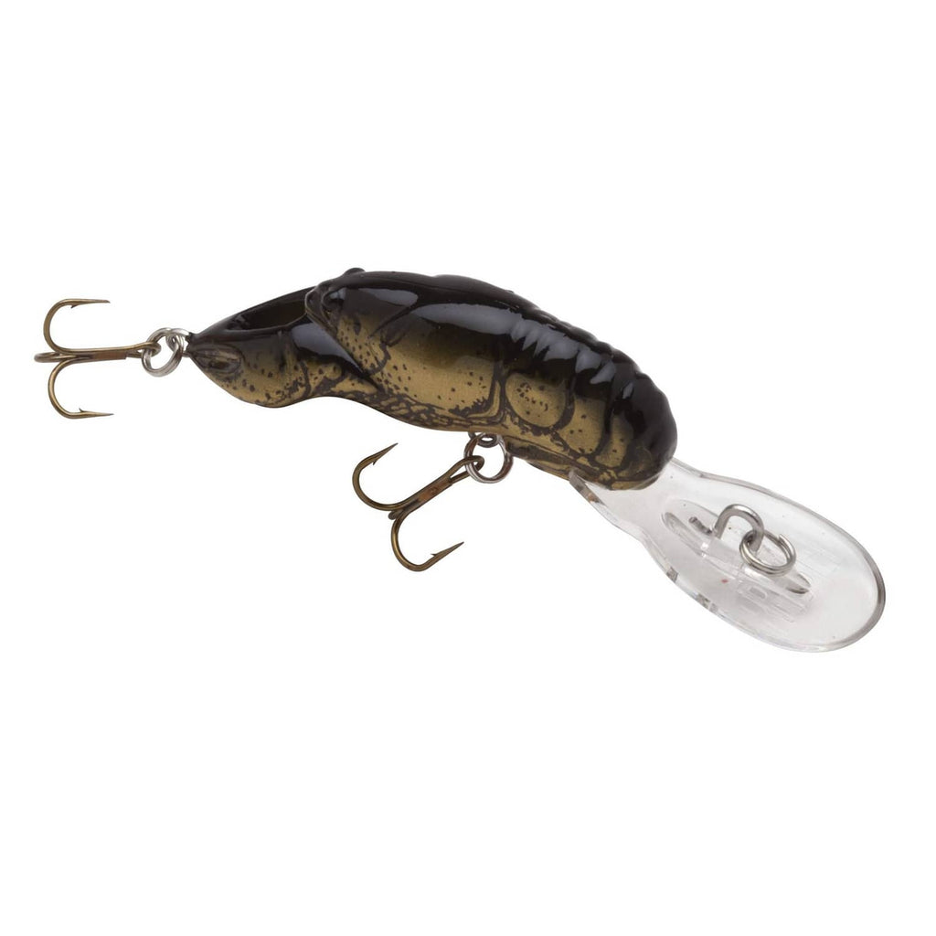 Crankbait lure with clear lip and rounded head, dark mottled yellow-brown body, two treble hooks