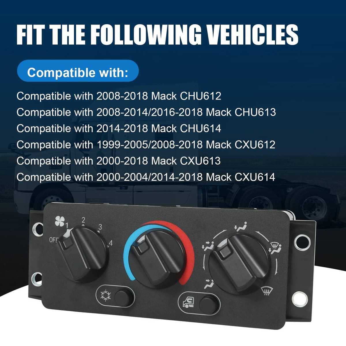A/C climate control module panel, black control face with three knobs and icon markings
